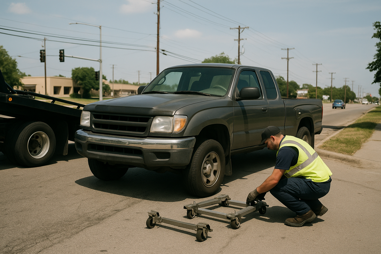 Work pickup truck loaded for light-duty tow transport