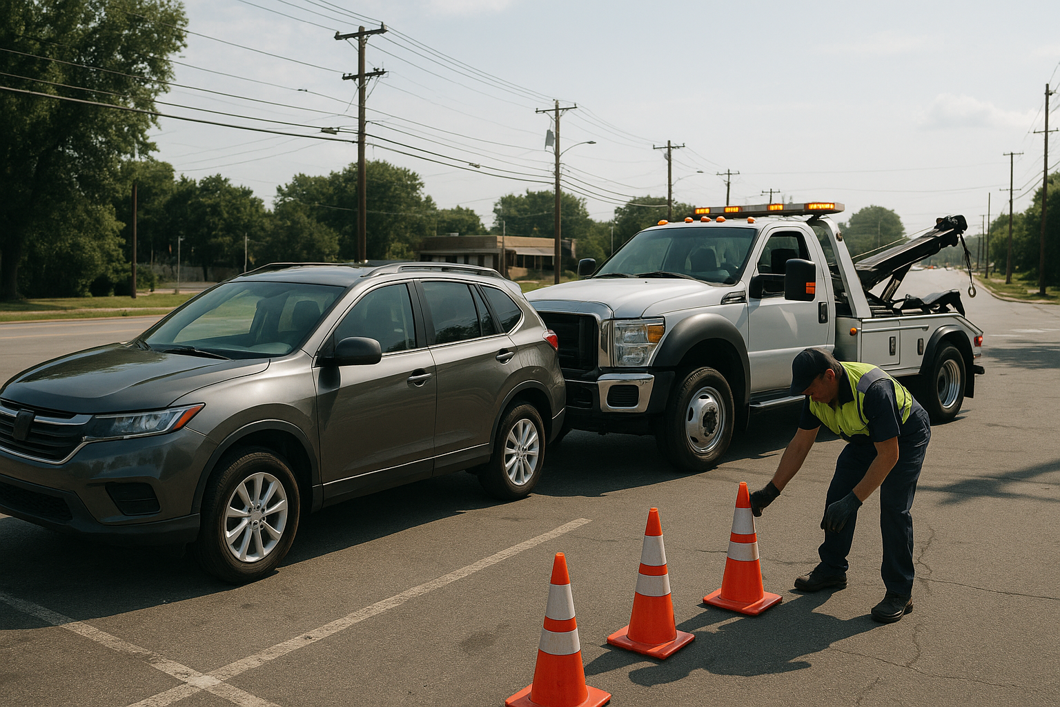 SUV recovery scene with light-duty towing equipment